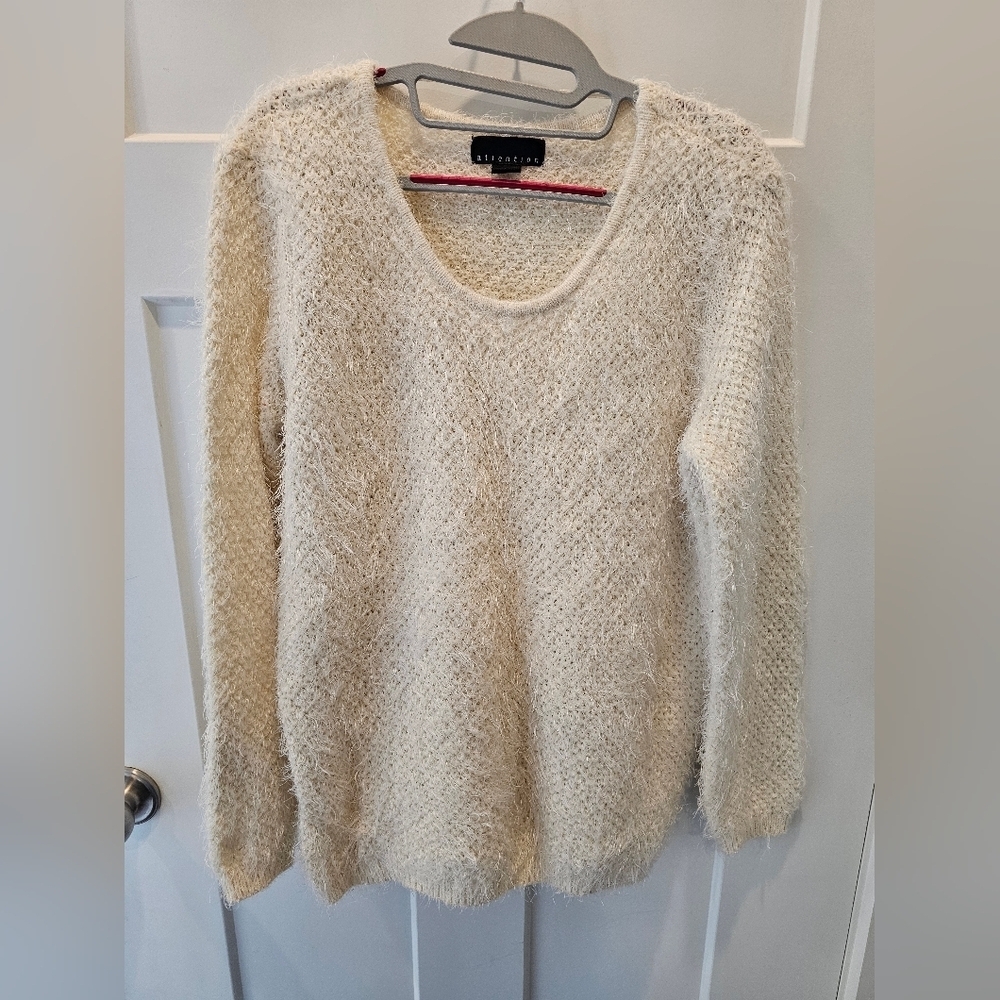 Attention Cream Fuzzy Knit Sweater Large Soft Eyelash Pullover Cozy Neutral